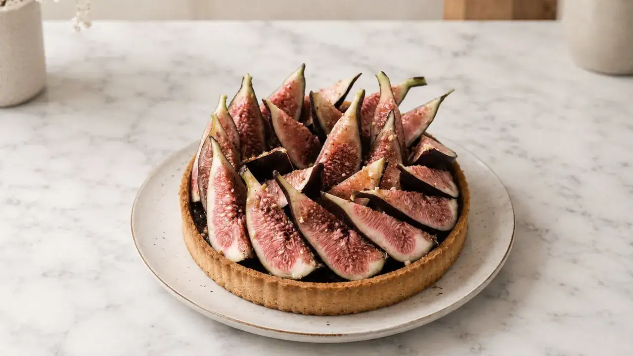 Tarte aux figues de ma grand-mère, garnie de quartiers de figues fraîches et de quelques éclats de noix.