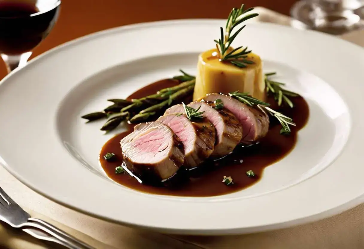 Tranches de quasi de veau, sauce brune, asperges et flan. Une recette raffinée pour un plat savoureux.