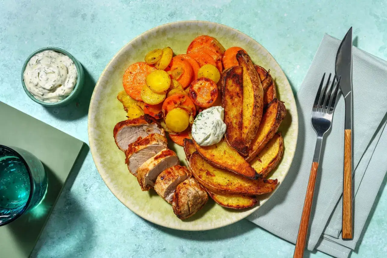 Délicieux filet mignon au four, accompagné de pommes de terre rôties et de carottes. Une sauce crémeuse aux herbes complète ce plat savoureux.
