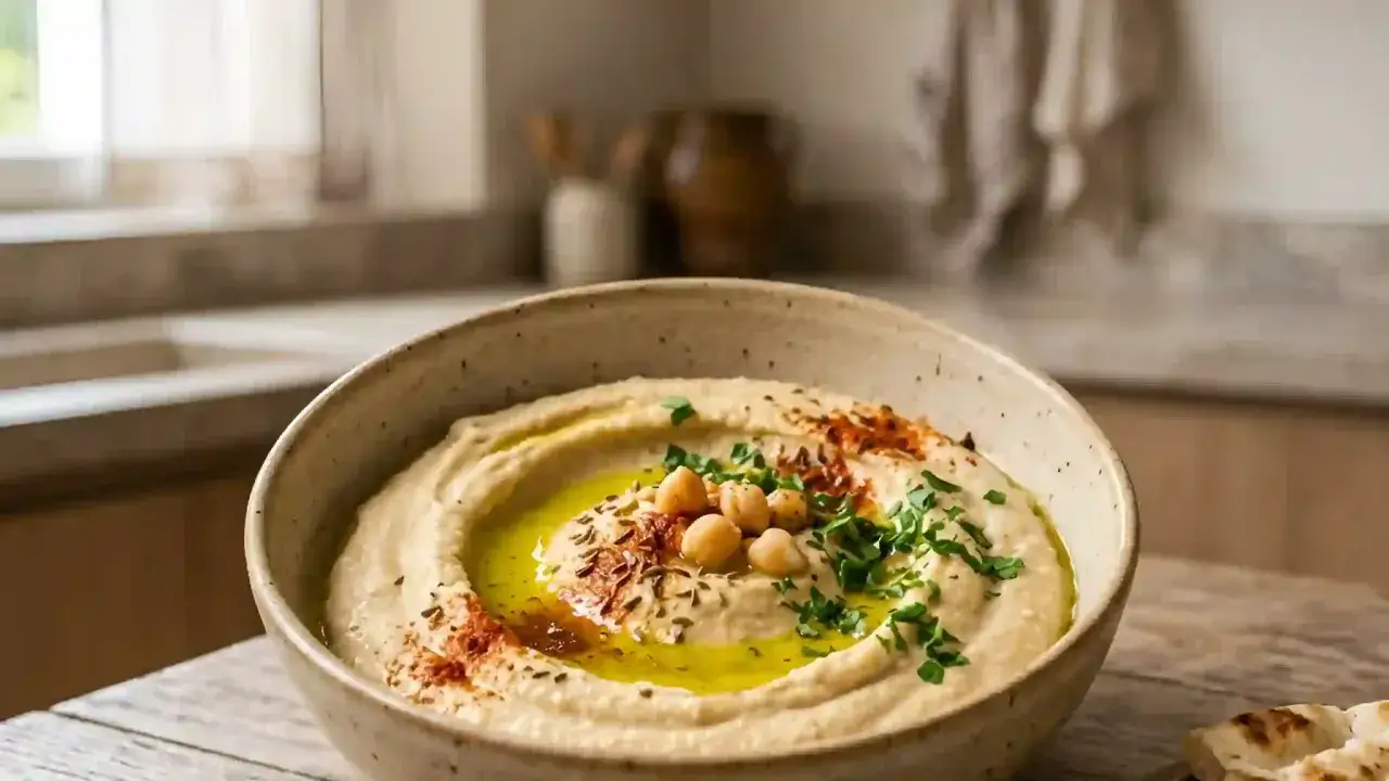 Un bol de houmous cr&eacute;meux, garni de pois chiches, d'huile d'olive, de persil et de paprika. Parfait pour une recette houmous maison.