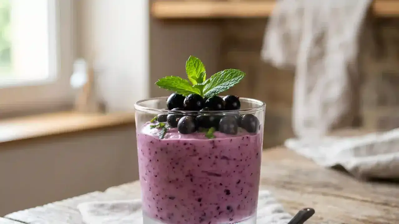 Un verre de smoothie onctueux au cassis, garni de fruits frais et de menthe. Un délice fruité pour égayer votre journée.