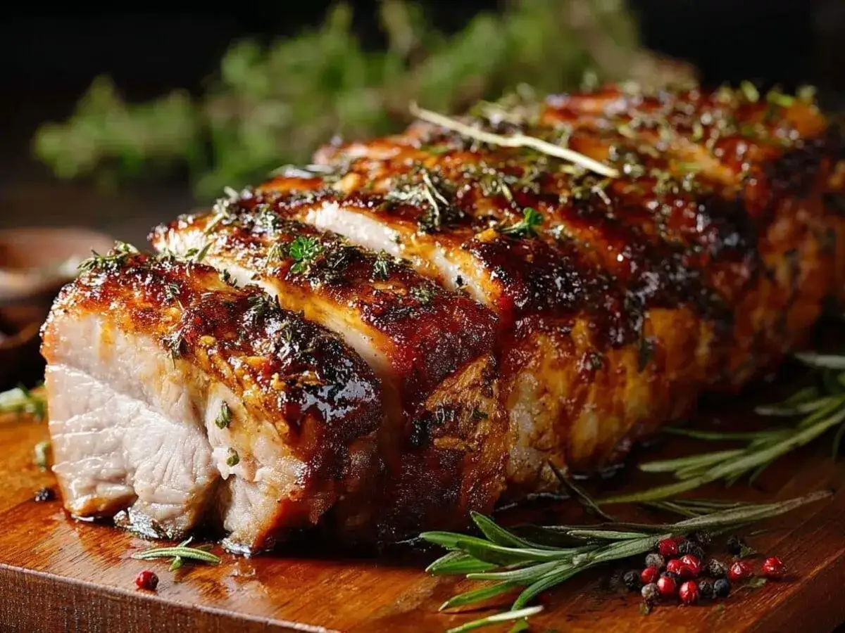 Rôti de porc tranché, glacé et garni d'herbes sur une planche en bois.