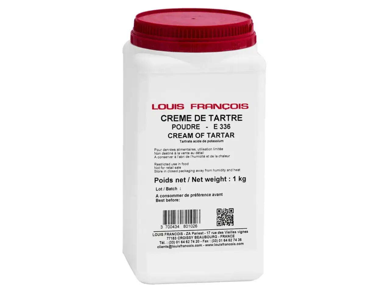 Un pot de crème de tartre Louis François. C'est quoi ? Un ingrédient pour la pâtisserie, en poudre, 1 kg.