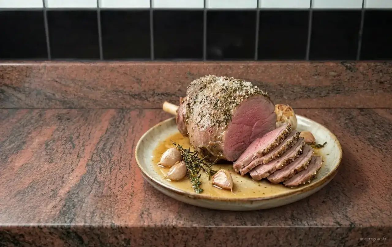 Gigot d'agneau au four, r&ocirc;ti &agrave; la perfection, servi tranch&eacute; avec des gousses d'ail confites et des herbes aromatiques sur une assiette.