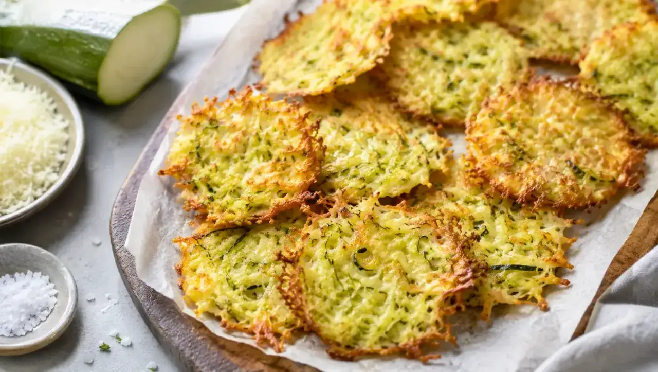 Délicieuses chips de courgette croustillantes, dorées et savoureuses, servies sur du papier sulfurisé.