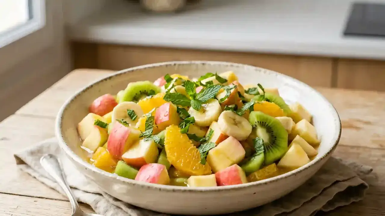 Un bol de salade de fruits color&eacute;e, garnie de menthe fra&icirc;che. Pommes, kiwis, bananes et oranges coup&eacute;es en d&eacute;s pour un d&eacute;lice rafra&icirc;chissant.