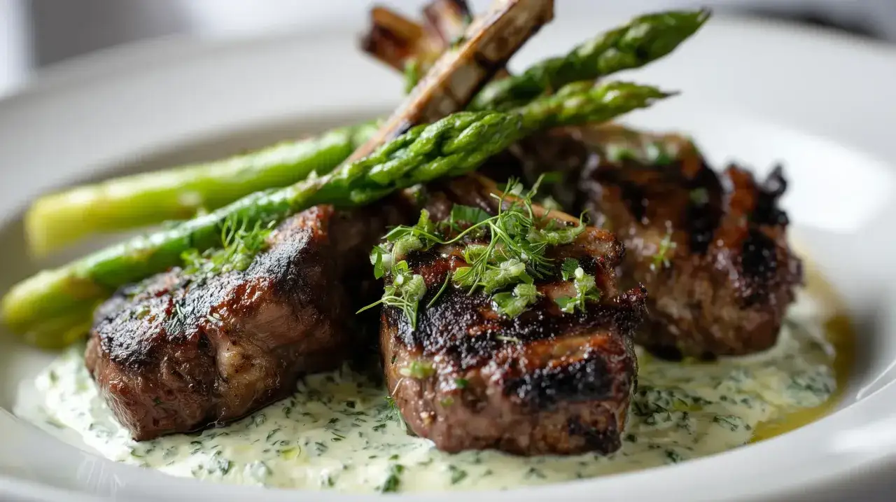 D&eacute;licieuses c&ocirc;telettes d'agneau grill&eacute;es, servies avec des asperges vertes et une sauce cr&eacute;meuse. La cuisson parfaite des c&ocirc;telettes d'agneau est mise en valeur.
