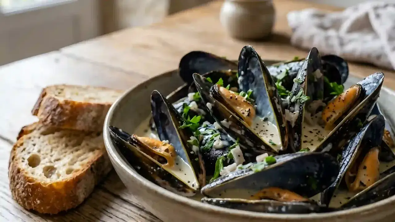 Un plat de moules &agrave; la cr&egrave;me, garni de persil frais et servi avec du pain croustillant. Un d&eacute;lice facile et rapide &agrave; pr&eacute;parer.