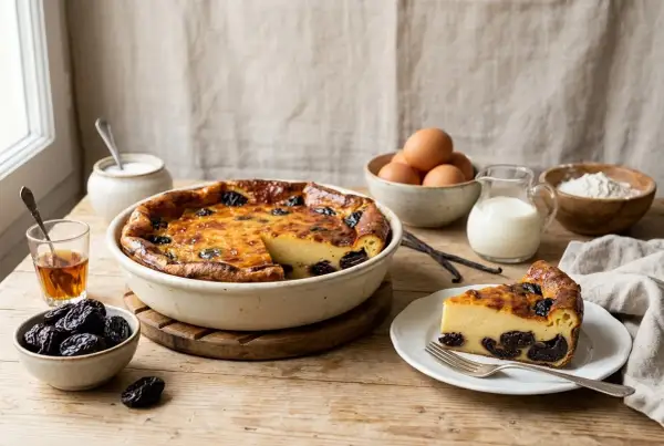 Un délicieux far breton aux pruneaux, avec ses ingrédients : œufs, lait, farine, sucre, pruneaux et une touche d'alcool.
