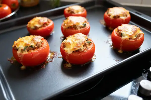 Tomates farcies au fromage gratiné sur une plaque de cuisson. Le temps de cuisson est presque terminé, le fromage est doré.