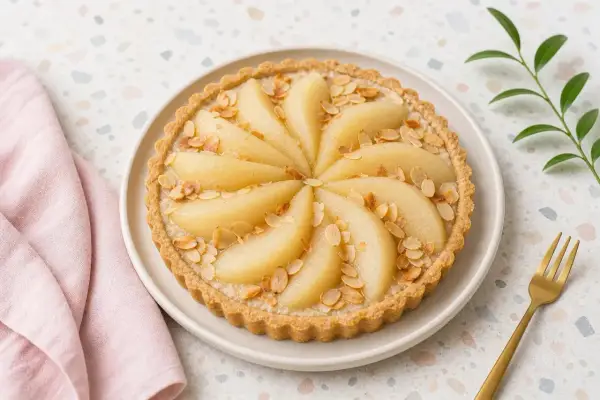 Tarte amandine aux poires, joliment décorée de lamelles d'amandes grillées et de poires tendres disposées en rosace.