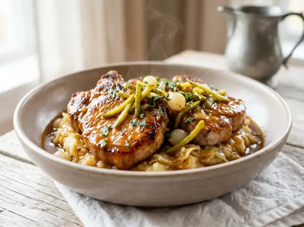 Délicieuse côte de porc charcutière, nappée d'une sauce onctueuse, servie sur un lit de purée et garnie de cornichons et d'oignons grelots.