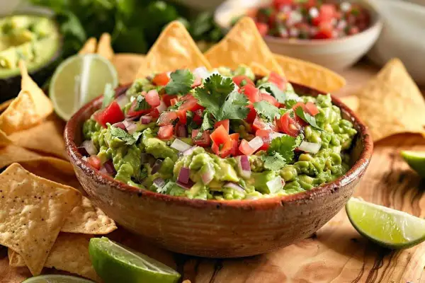 Un bol de guacamole traditionnel, garni de tomates et coriandre, entouré de chips tortilla et de quartiers de lime. Parfait pour une recette facile.