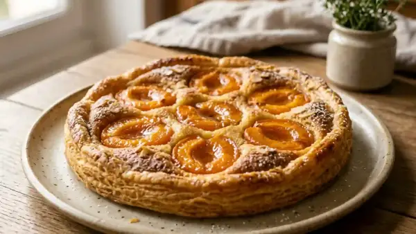 Une délicieuse tarte aux abricots classique, dorée et garnie de fruits juteux, prête à être dégustée.