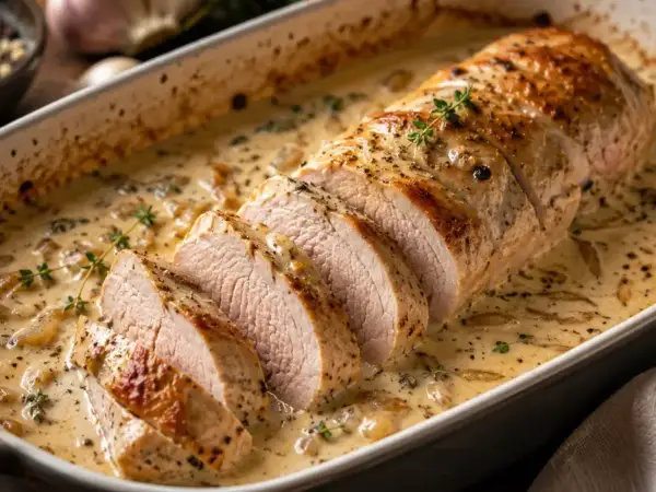 Filet mignon au four, tendre et juteux, baignant dans une sauce crémeuse aux herbes. Un délice pour les papilles.
