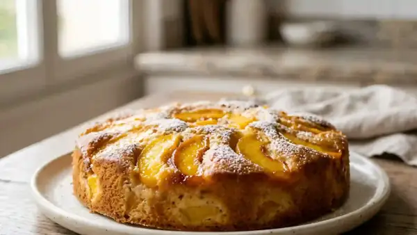 Gâteau aux pêches doré, saupoudré de sucre glace, prêt à être dégusté.