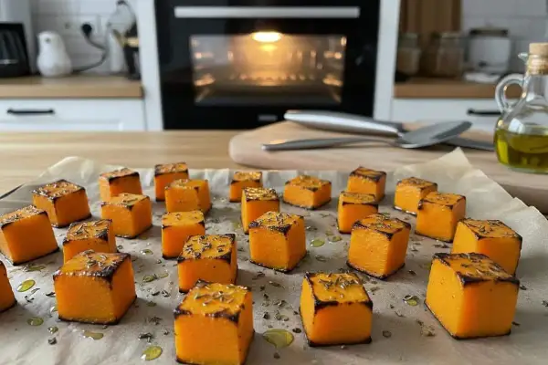 Dés de courge butternut rôtis, parfaits pour une recette facile et savoureuse. Assaisonnés d'herbes et d'huile d'olive, prêts à être dégustés.
