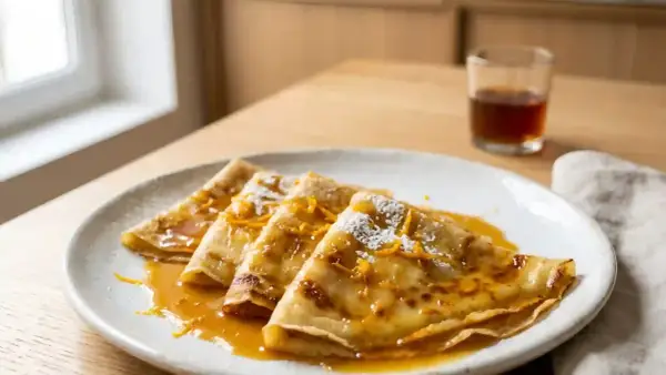 Crêpes Suzette dorées, nappées d'une sauce orange caramélisée et saupoudrées de sucre glace. Une recette crêpe suzette Mercotte pour un dessert gourmand.