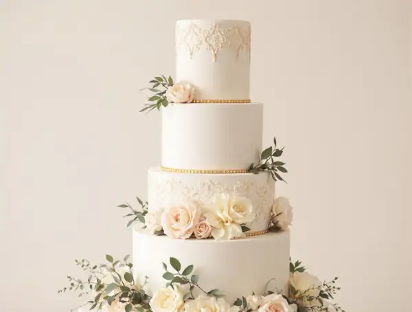 Magnifique gâteau des mariés à quatre étages, orné de dentelle dorée, de roses pâles et de feuillage.