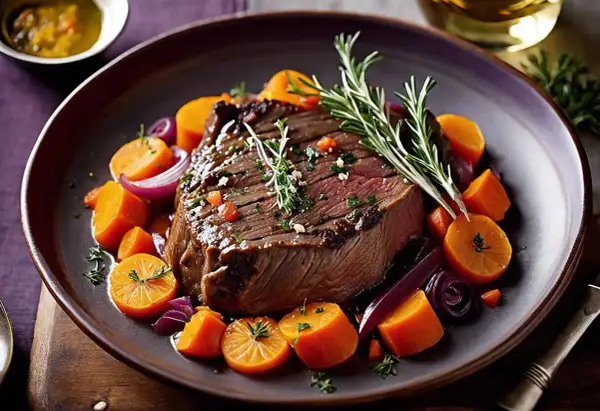 Un plat de daube de boeuf savoureux, garni de carottes, d'oignons rouges et de romarin frais.