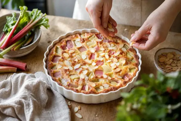 Un clafoutis rhubarbe aux amandes effilées, garni par des mains expertes, prêt à être dégusté.