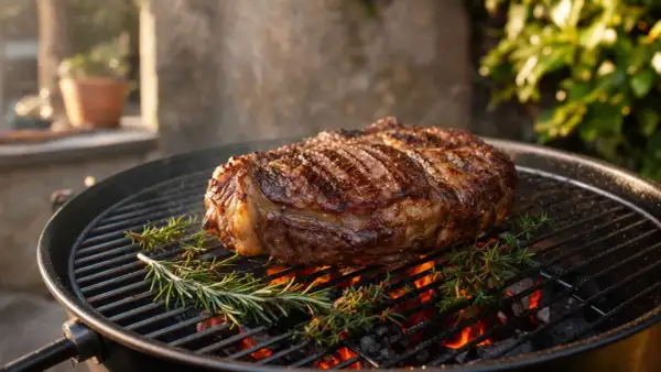 Un gros morceau de côte de bœuf, prêt pour une marinade, grille sur un barbecue avec du romarin.