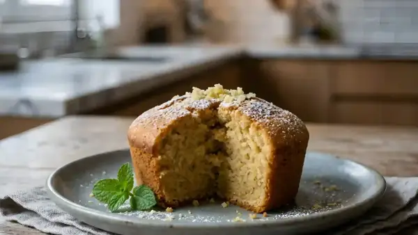 Un délicieux gâteau au gingembre, saupoudré de sucre glace et garni de miettes croustillantes et d'une touche de menthe fraîche.
