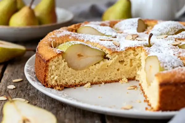 Un gâteau aux poires moelleux, saupoudré de sucre glace et décoré d'amandes effilées. Des poires fraîches sont intégrées dans la pâte.