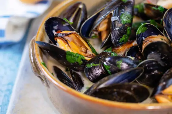 Un plat de moules à la crème, garni de persil frais. Une recette moule à la crème facile et rapide pour un repas savoureux.