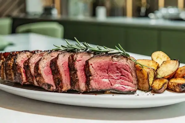 Une succulente entrecôte au four, tranchée et garnie de romarin, accompagnée de pommes de terre rôties sur une assiette blanche.