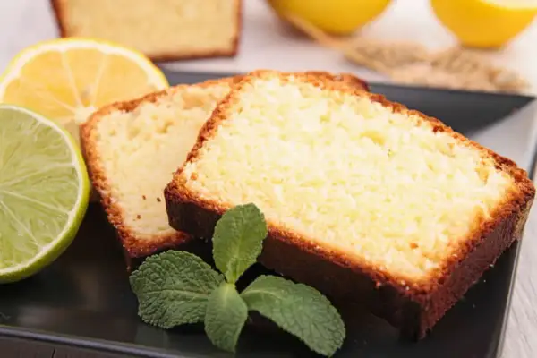 Tranches de gâteau moelleux au citron grand-mère, garnies de menthe fraîche, avec des citrons et une lime en arrière-plan.