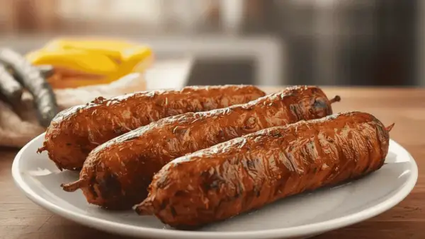 Trois andouillettes dorées et appétissantes, cuites à la perfection dans un air fryer, sur une assiette blanche.