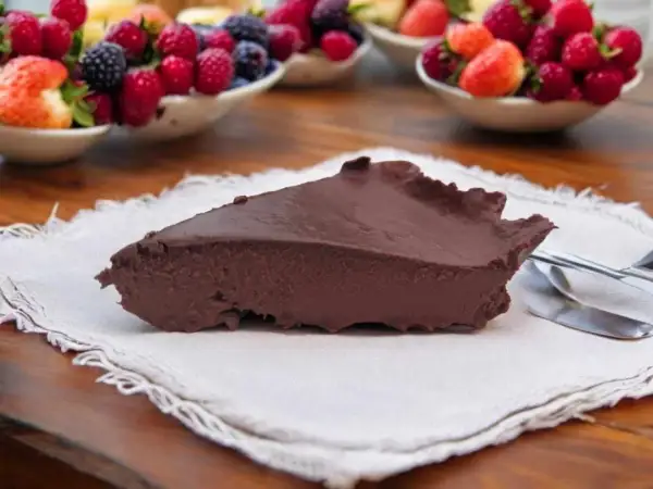 Tranche de gâteau au chocolat onctueux, servi avec des fruits rouges frais en arrière-plan. Un délice inattendu, ce gâteau courgette surprend par sa texture.