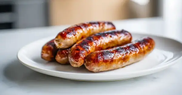 Saucisses dorées et juteuses, parfaitement cuites à l'air fryer, sur une assiette blanche. Un délice croustillant !