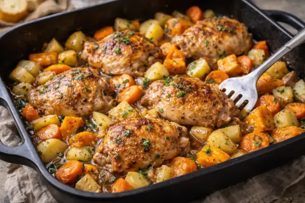 Délicieux poulet rôti avec pommes de terre et carottes, une recette one pot au four parfaite pour un repas simple et savoureux.