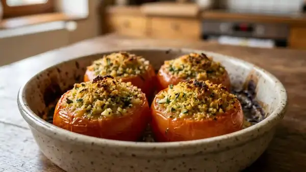 Quatre tomates à la provençale à la poêle, garnies d'une chapelure dorée et d'herbes fraîches, dans un plat en céramique.