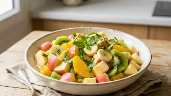 Un bol généreux de salade de fruits colorée, garnie de menthe fraîche. Pommes, kiwis, bananes et oranges se mélangent pour un délice rafraîchissant.