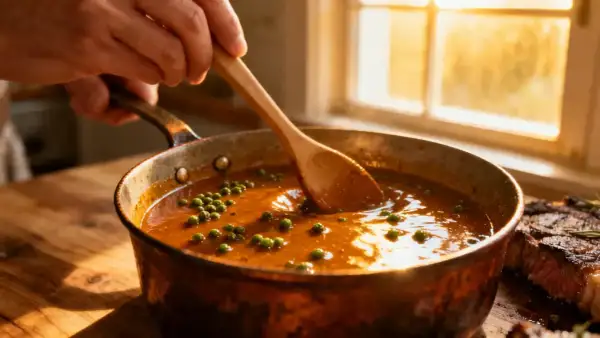 Une main remue une sauce onctueuse aux grains de poivre vert dans une poêle en cuivre, prête à napper une bavette de bœuf.