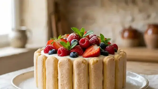 Délicieuse charlotte aux fruits, garnie de fraises, framboises et myrtilles fraîches, entourée de biscuits à la cuillère.