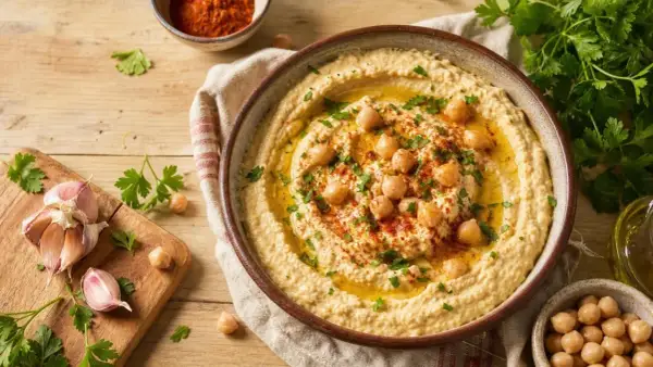 Un bol de houmous crémeux, garni de pois chiches, persil et paprika. Une recette maison facile, avec ail et pois chiches à côté.