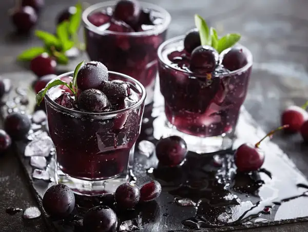 Trois verres de boisson sombre et rafraîchissante, ornés de cassis fruit et de feuilles vertes, sur un plateau noir mouillé.