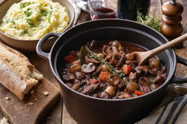 Un réconfortant bourguignon de champignons mijote dans une cocotte, accompagné de purée et d'une baguette croustillante.