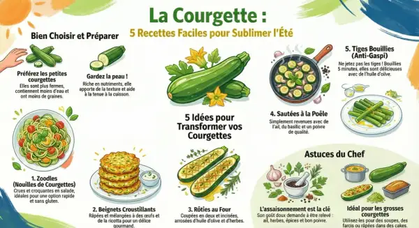 Illustration montrant diverses méthodes de cuisson des courgettes : en zoodles, beignets, rôties, sautées, et les tiges bouillies.