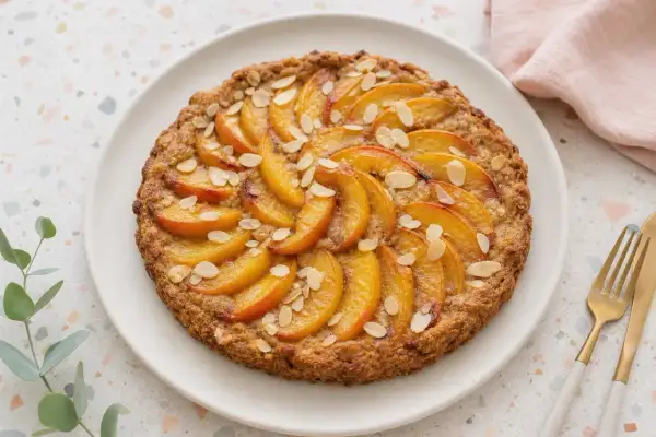 Tarte tatin aux pêches, garnie d'amandes effilées. Un délice doré et fruité.