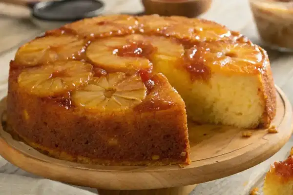 Un délicieux gâteau moelleux ananas, avec des tranches d'ananas caramélisées sur le dessus, une part a été coupée.