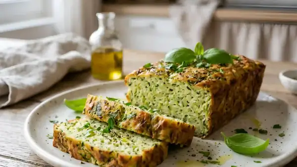 Une tranche de terrine de courgettes facile et délicieuse, garnie de basilic frais, sur une assiette.