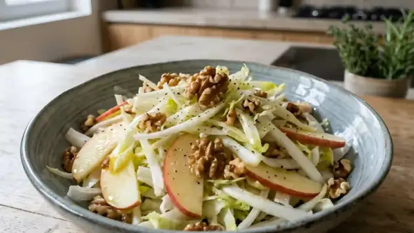Salade croquante d'endives, noix et pommes, assaisonnée de poivre noir. Un délice frais et simple.
