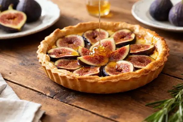 La tarte aux figues de ma grand-mère, garnie de figues fraîches et nappée de miel doré, repose sur une table en bois rustique.