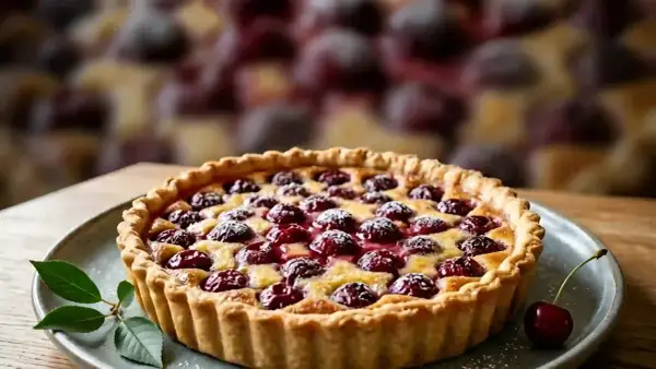 Tarte aux cerises à l'ancienne, garnie de fruits rouges brillants et saupoudrée de sucre glace. Une gourmandise réconfortante.