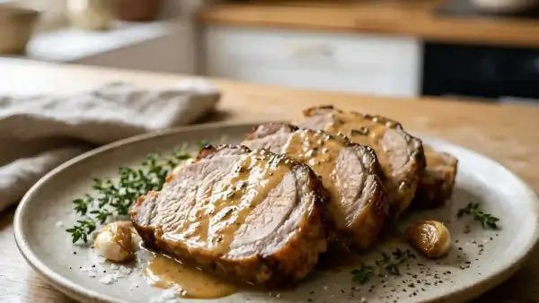 Tranches de rôti de porc au lait de grand-mère, nappées d'une sauce onctueuse, garnies de thym et d'ail rôti. Un délice réconfortant.